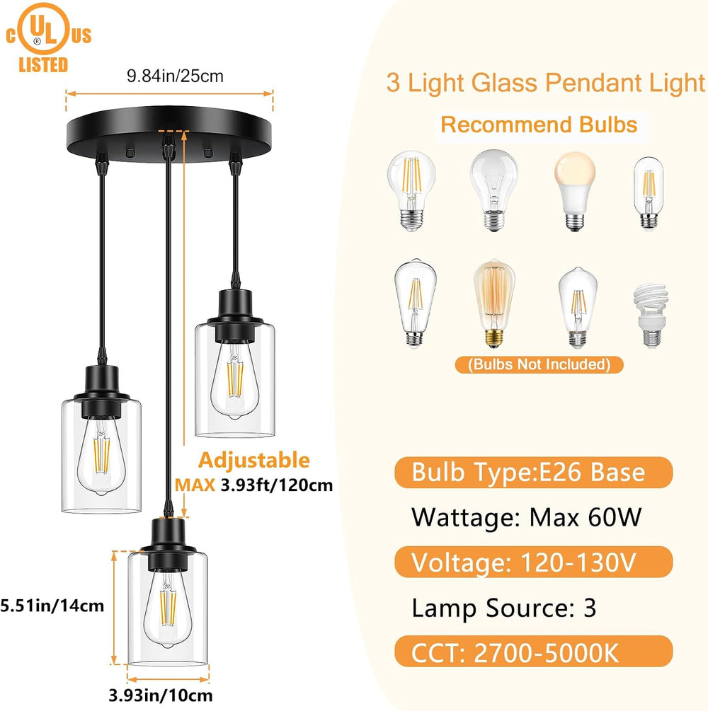Licperron 3-Light Pendant Light Fixtures, Black Pendant Lights Kitchen Island...
