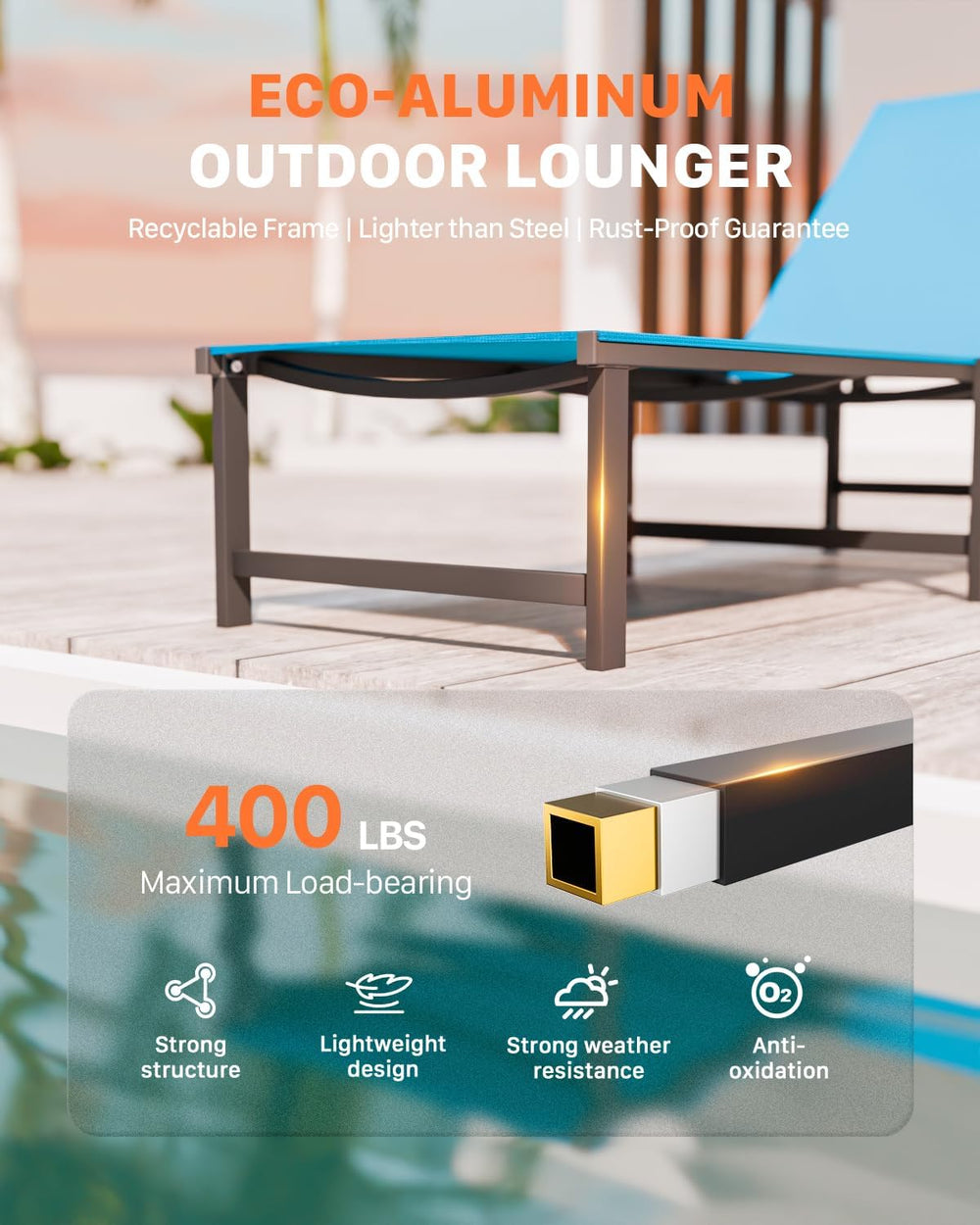 Aluminum Patio Chaise Lounge Chair Outdoor,Blue