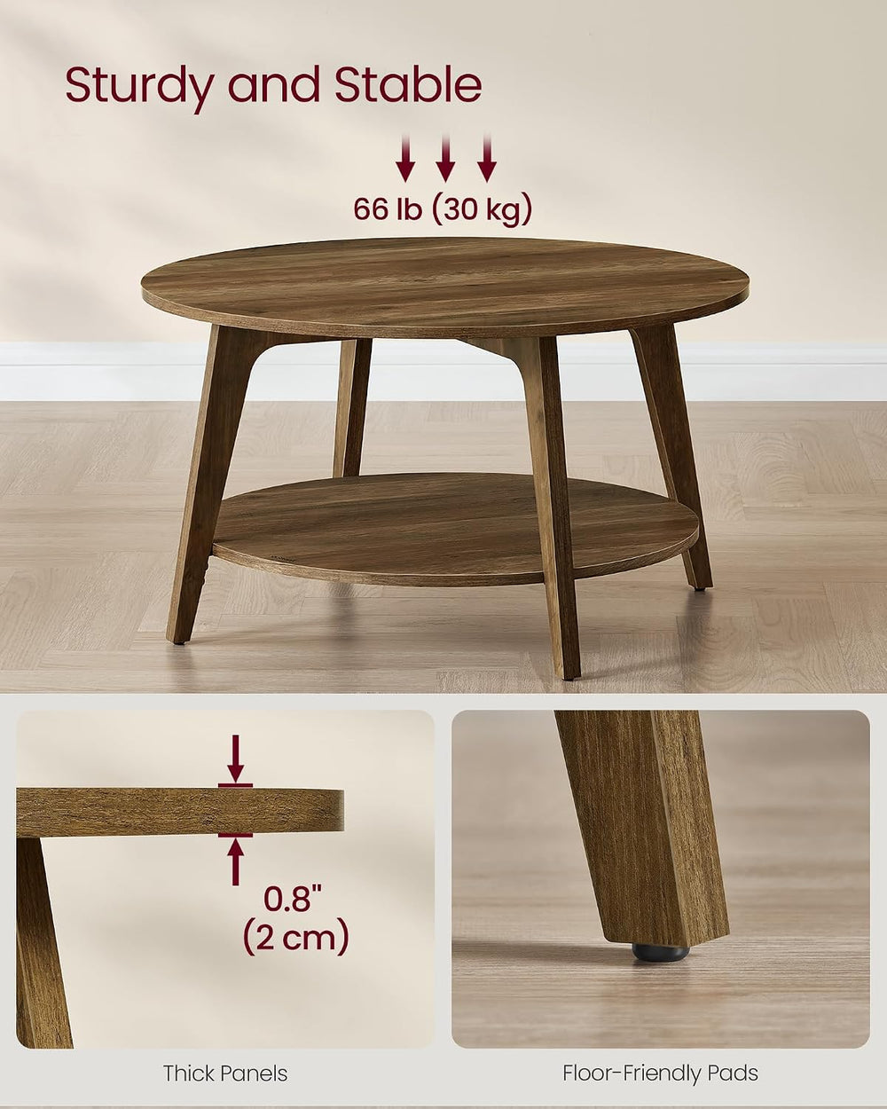 VASAGLE Round Coffee Table, 2-Tier Center Table with Storage, Tapered Legs