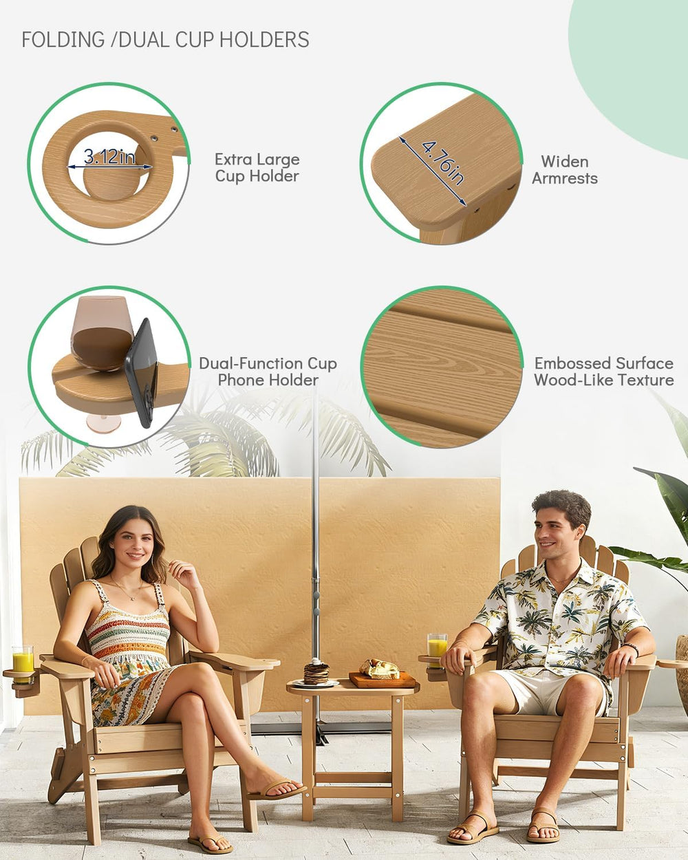 Plawdlik Oversized Folding Adirondack Chair, HDPE All-Weather Patio Chair wit...