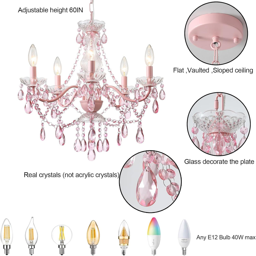 AMZASA Modern Crystal Pink Chandelier, Not Acrylic Crystal,Pink Crystals Hang...