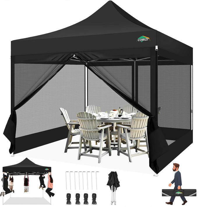 COBIZI 10x10 Heavy Duty Pop Up Canopy Tent with 4 Mosquito Netting Walls