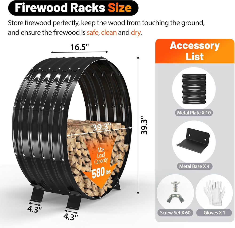 40" Round Metal Firewood Rack Circle with 4X Metal Support Outdoor / Indoor