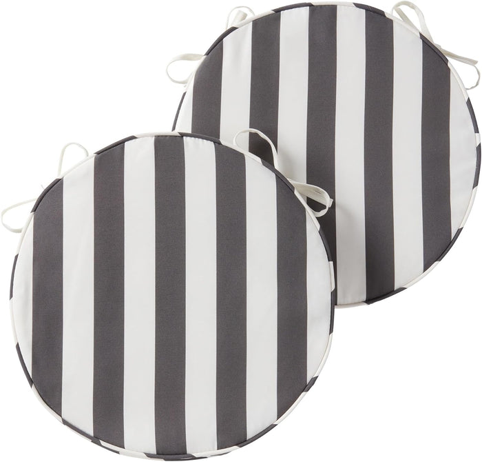 Set of 2 Outdoor 18 inch Round Patio Dining Chair Pads – Comfortable Fiber-Filled Seat Cushions with Ties, Reversible Polyester Fabric, Canopy Stripe Gray