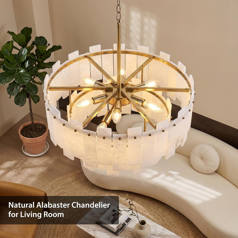 24" Alabaster Chandelier for Living Room, 2-Tier Round Brass Chandelier