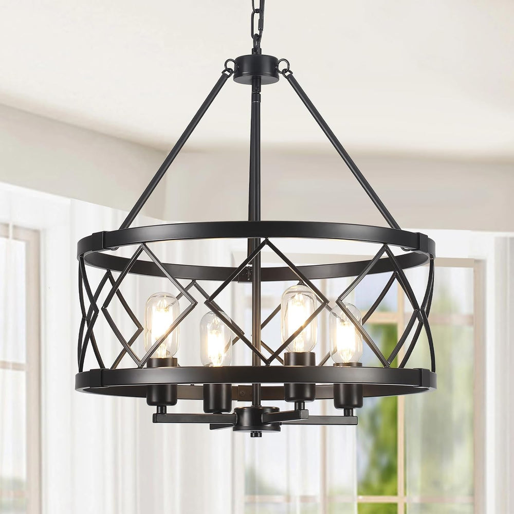 17.7" Black Farmhouse Chandelier, 4-Light Modern Drum Pendant Light Fixt...