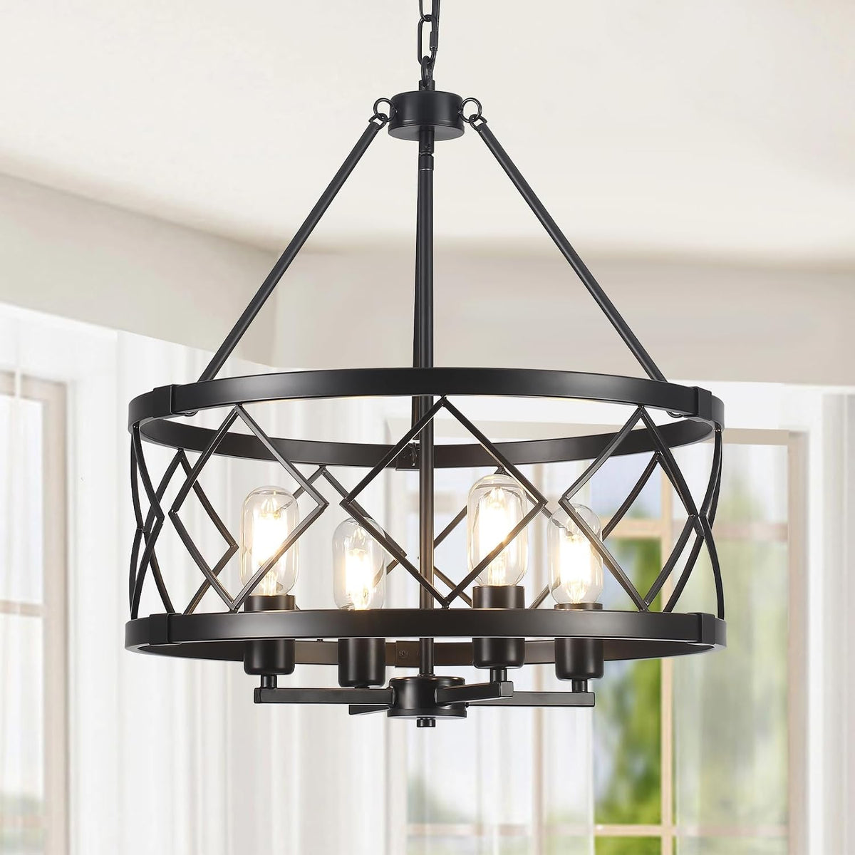 17.7" black farmhouse chandelier, 4-light modern drum pendant, main product view