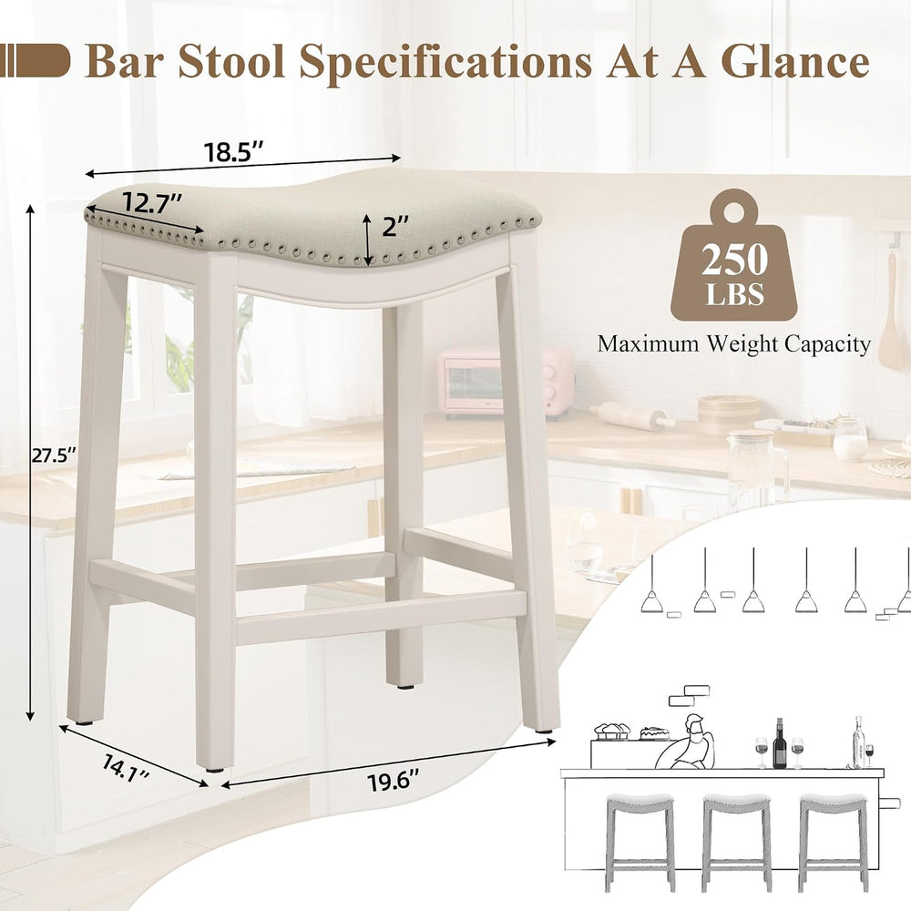 27" Backless Saddle Counter Stools Set of 4, Hand-brushed Wood Finish Legs
