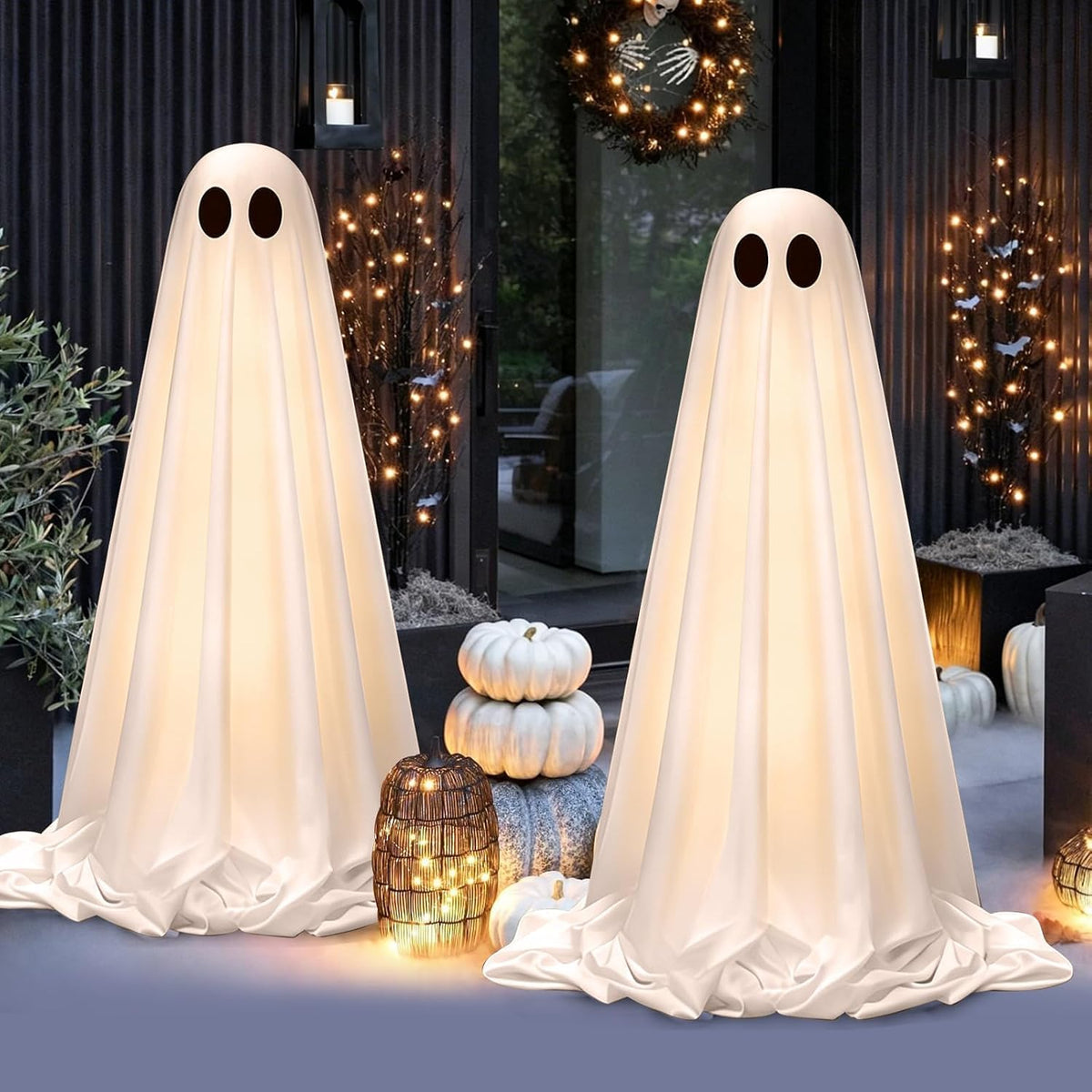 Halloween Decorations Outdoor Indoor, 2 Pack Light Up Cute Ghost Decoration Scary Sounds, Spooky DIY Standing Decor Set for Front Yards, Gardens, Porch, Lawn and Party