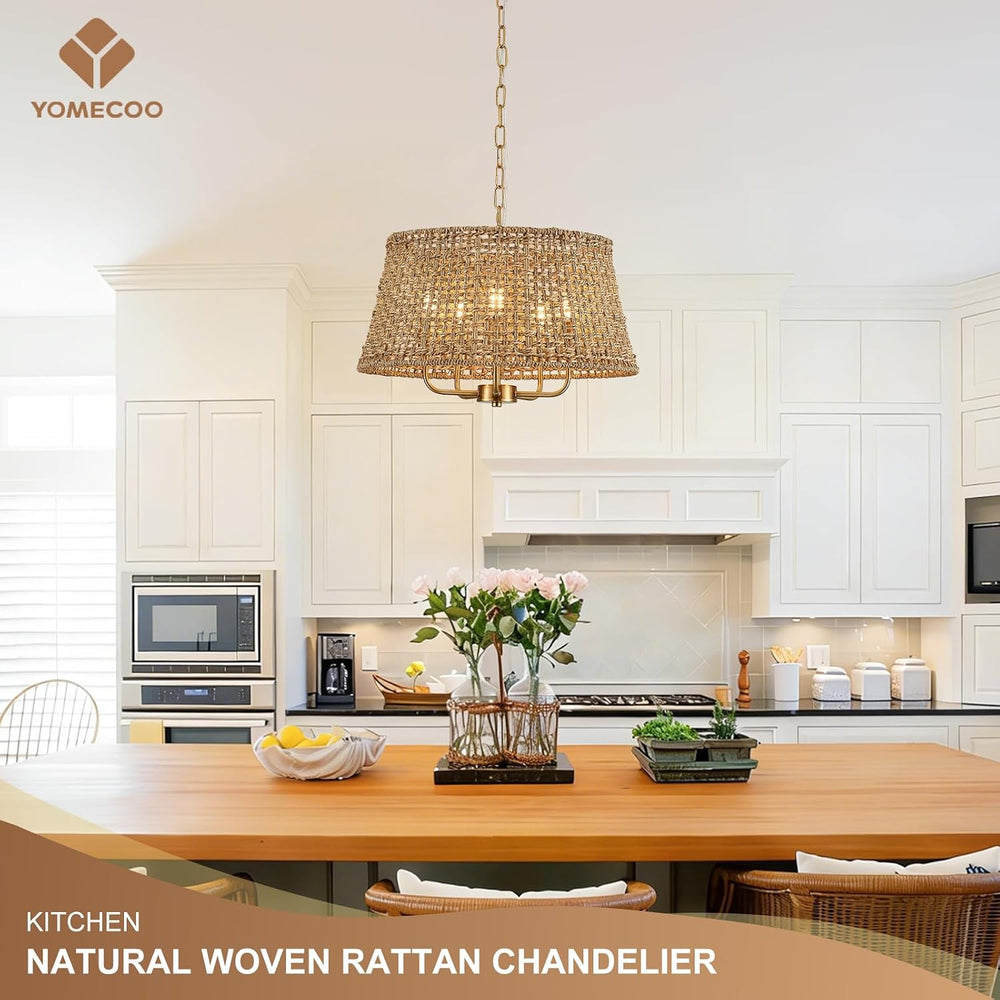 19.7" Boho Rattan Chandelier, 5-Light Gold Wicker Light Fixture