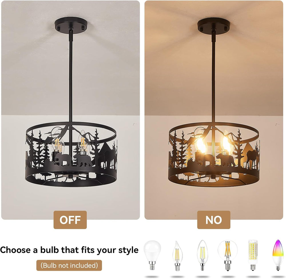 Rustic Deer Bear Cabin Chandelier, 4-Light Farmhouse Pendant Light