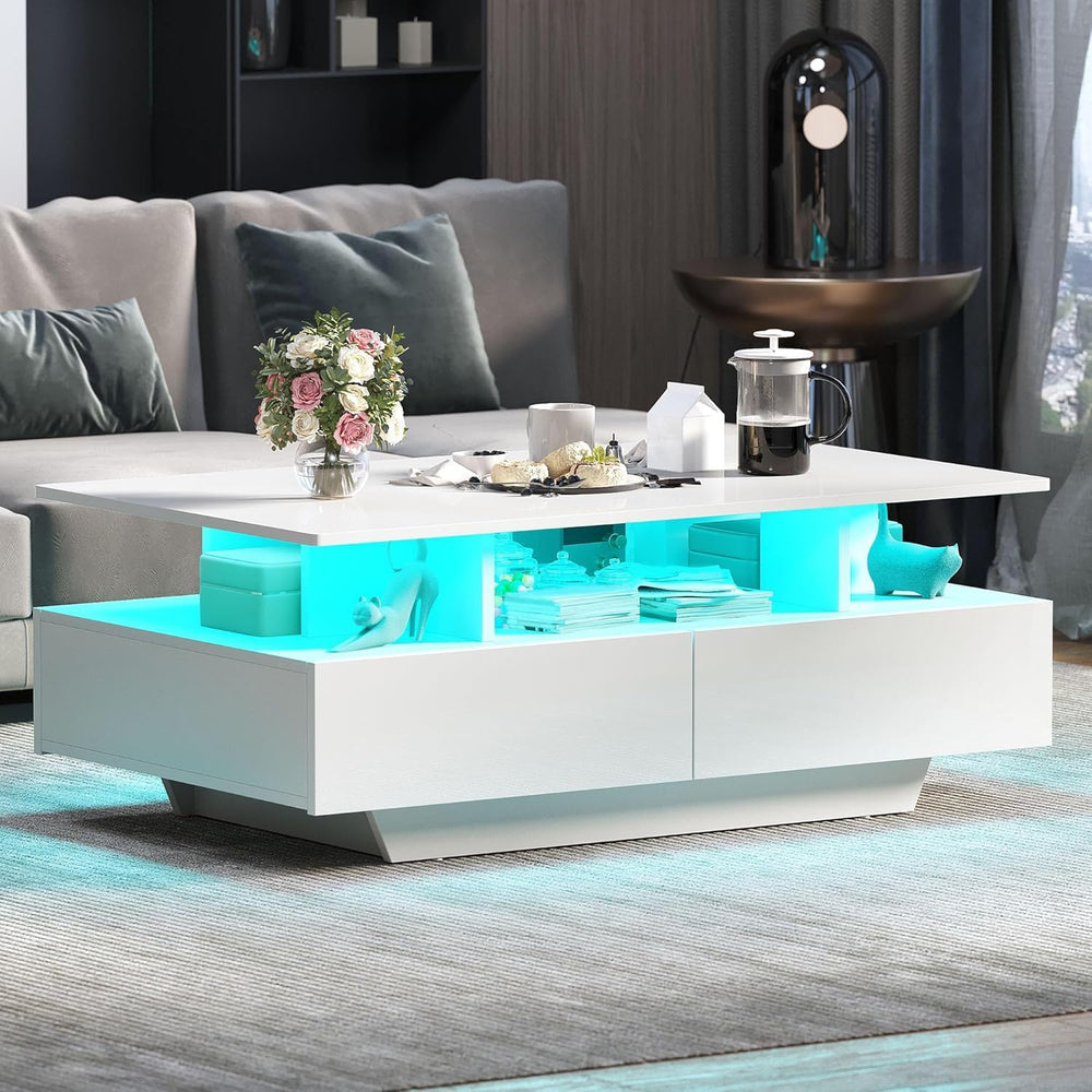 DWVO LED Coffee Table with Storage 4 Drawers, Modern High Glossy Coffee Table...