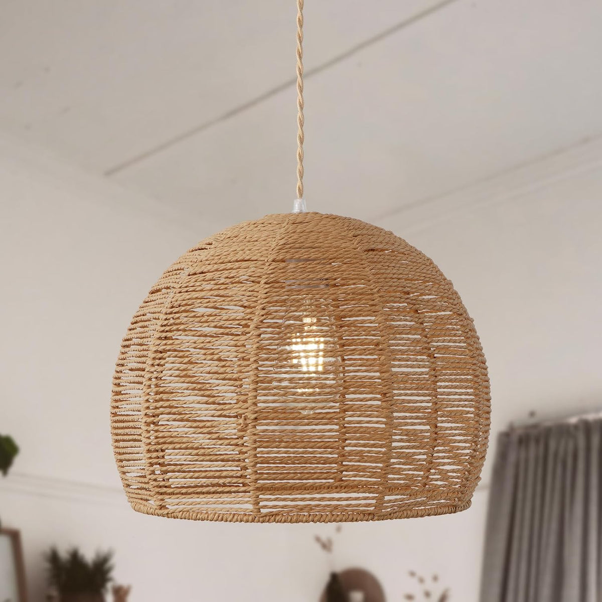 13.38'' woven rattan pendant light, boho chandelier light, main product view