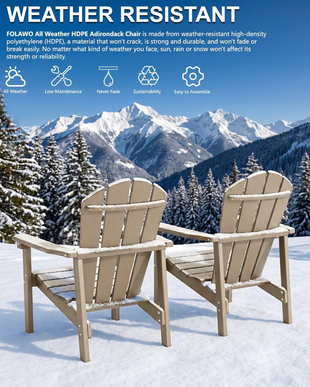 Adirondack Chair, All Weather HDPE Fire Pit Chairs, Oversized Plastic Adirond...