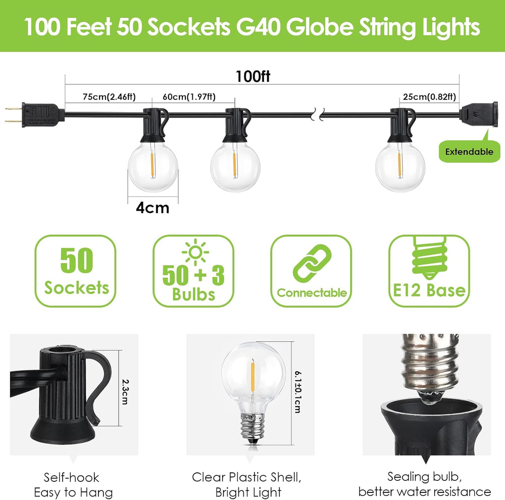 Mlambert 100Ft LED Outdoor String Lights, Dimmable Patio Lights, Waterproof S...