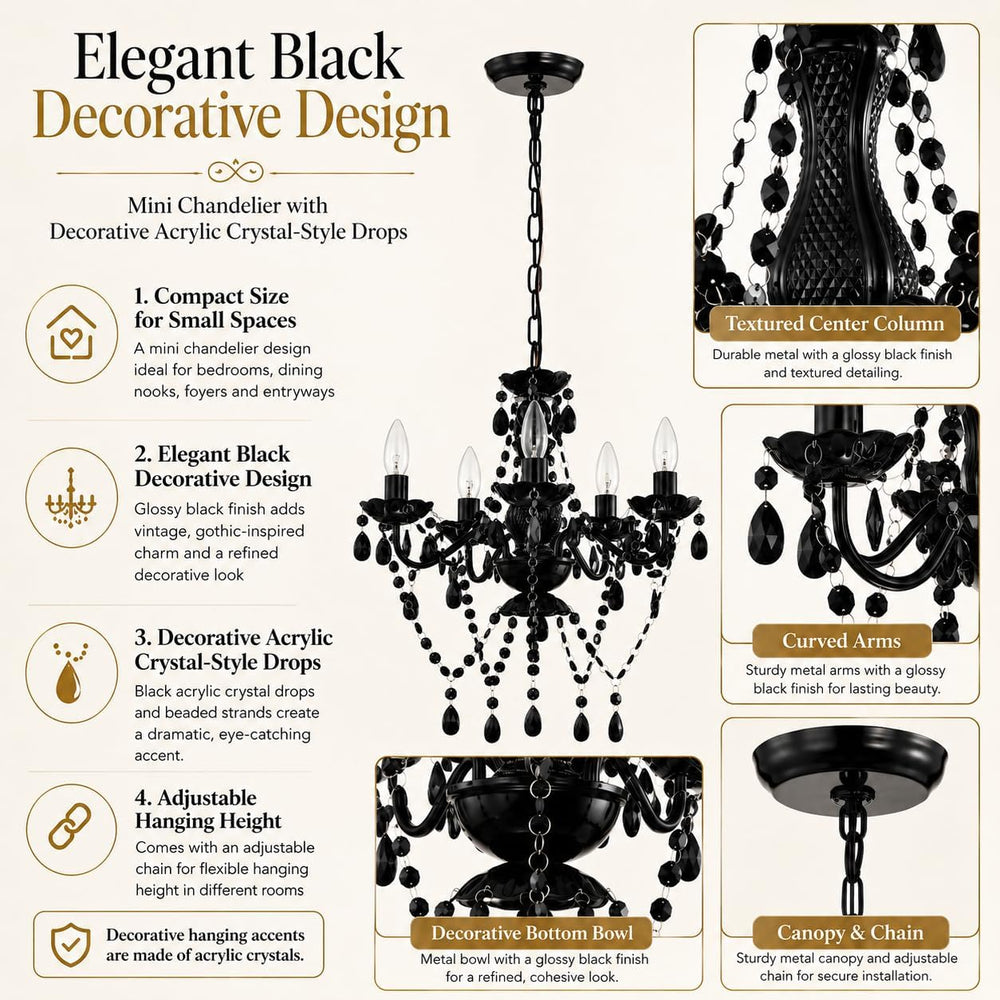 Small Black Crystal Chandelier, 5-Light for Bedroom