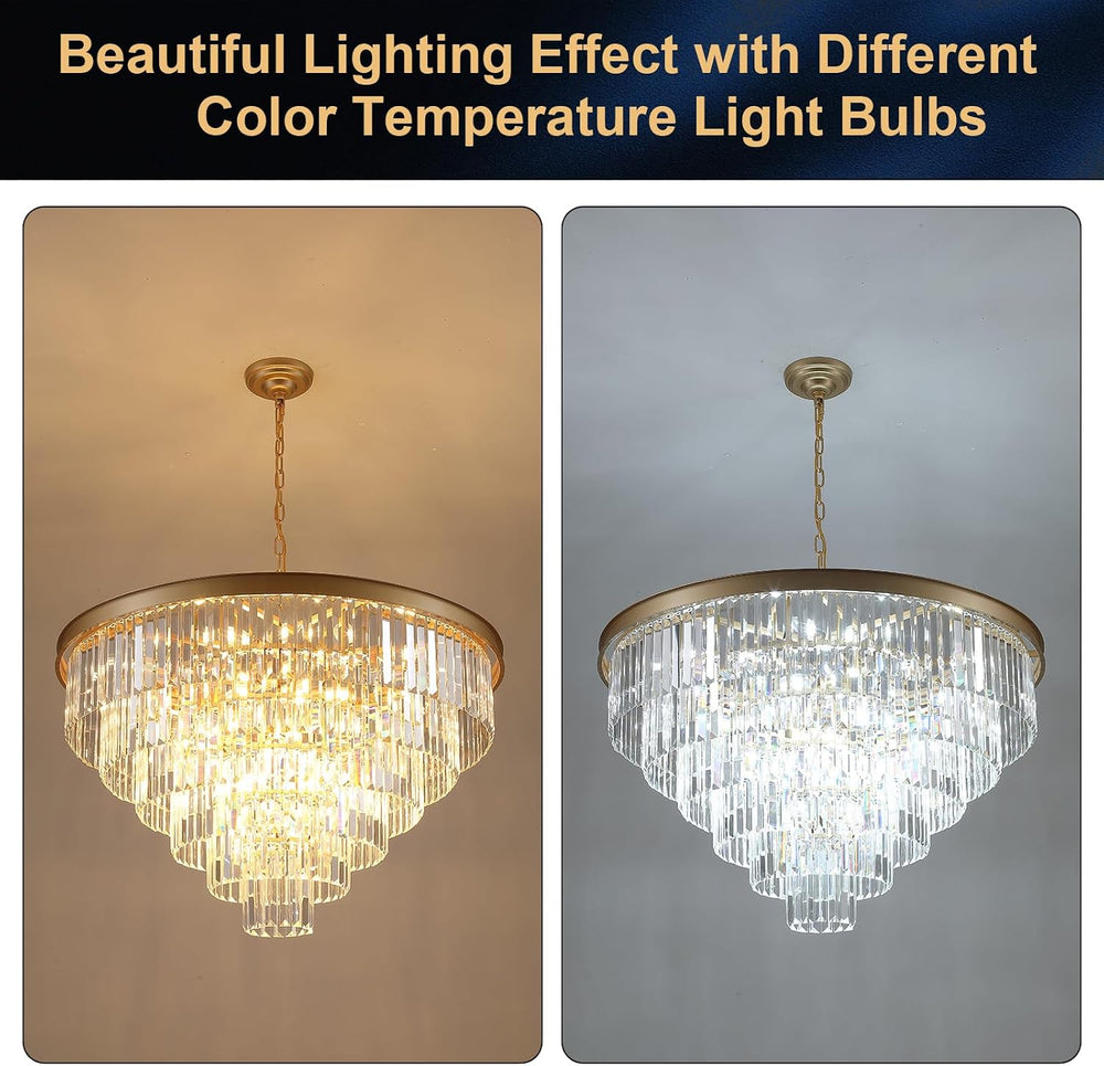 Modern Gold Crystal Chandelier 35”Large Chandeliers for High Ceiling Foyer