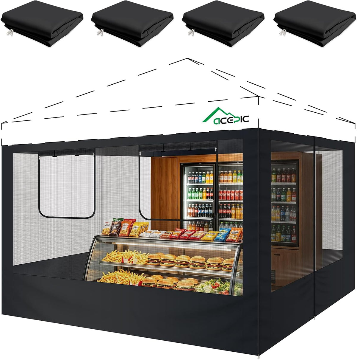 acepic 10x10ft mesh sidewalls kit for canopy (black, main product view