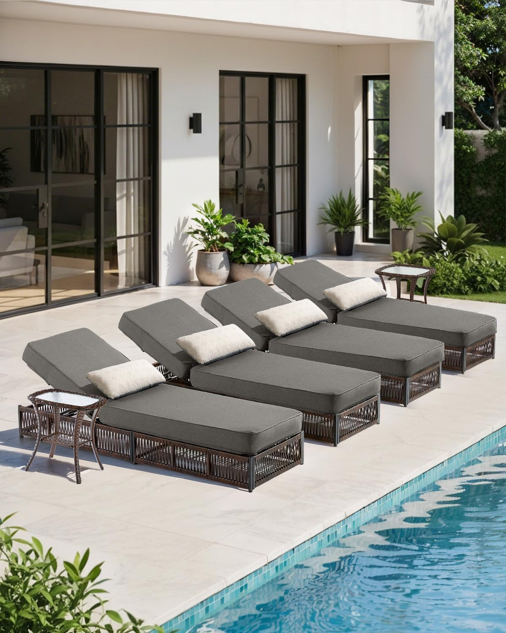 Luxury Outdoor Chaise Lounge Chairs of 4 with 5 Inch Thick Cushions and Side ...