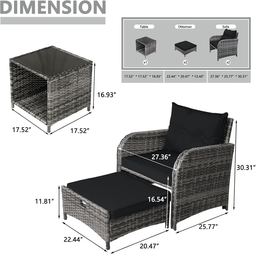 5 Pieces Wicker Outdoor Patio Chairs with Ottoman, PE Wicker Rattan Patio Con...