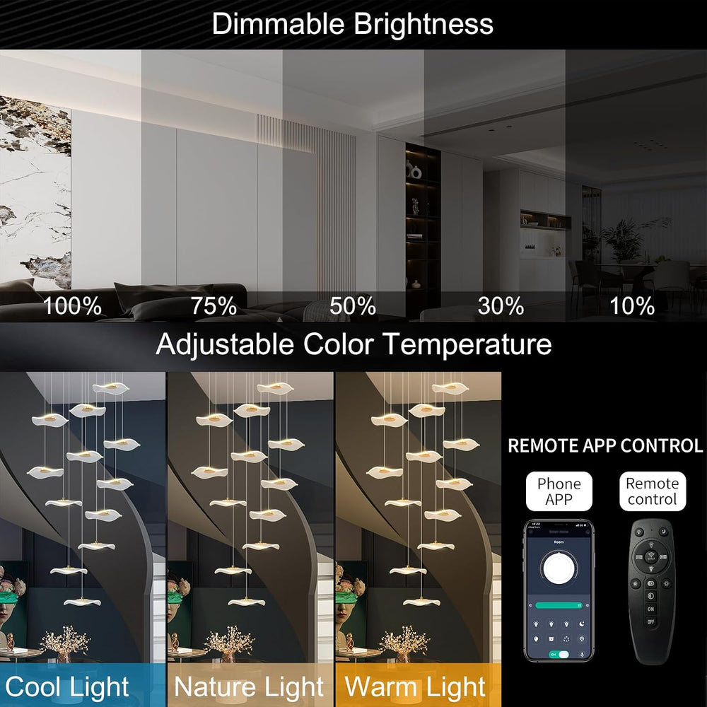 ziidoo High Ceiling Chandelier - 24-Light Dimmable Modern Gold Long Spiral Lu...