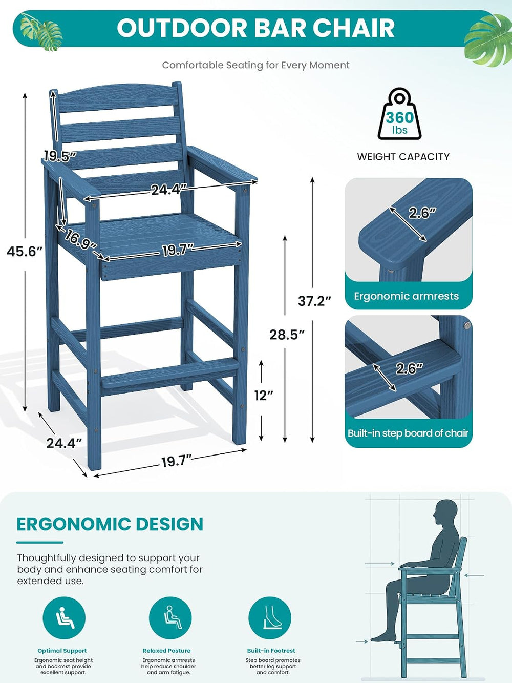SERWALL Tall Adirondack Chairs Set of 2, Outdoor Bar Chairs,Blue