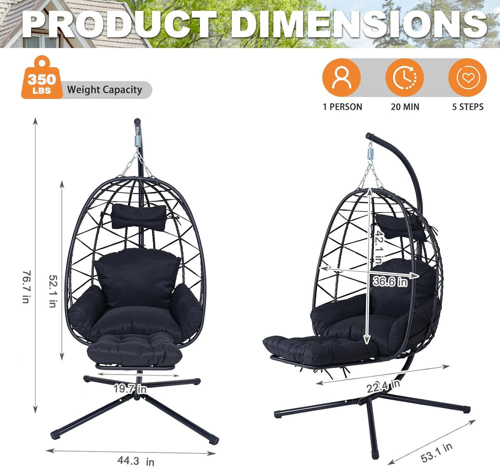 Hanging Egg Chair with Footrest & Stand, Wicker Rattan Swing Hammock Chai...