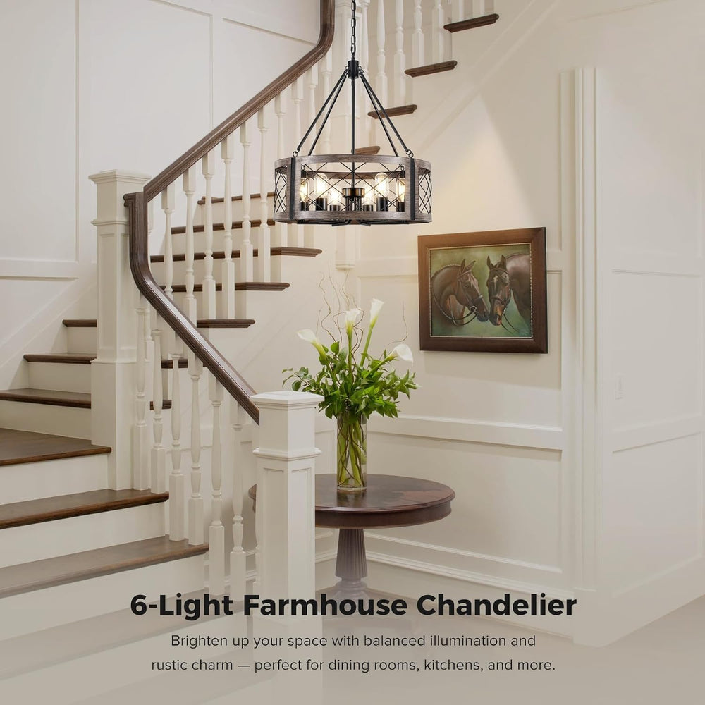 Farmhouse Drum Chandelier for Dining Room, 22" Rustic Black Chandelier w...