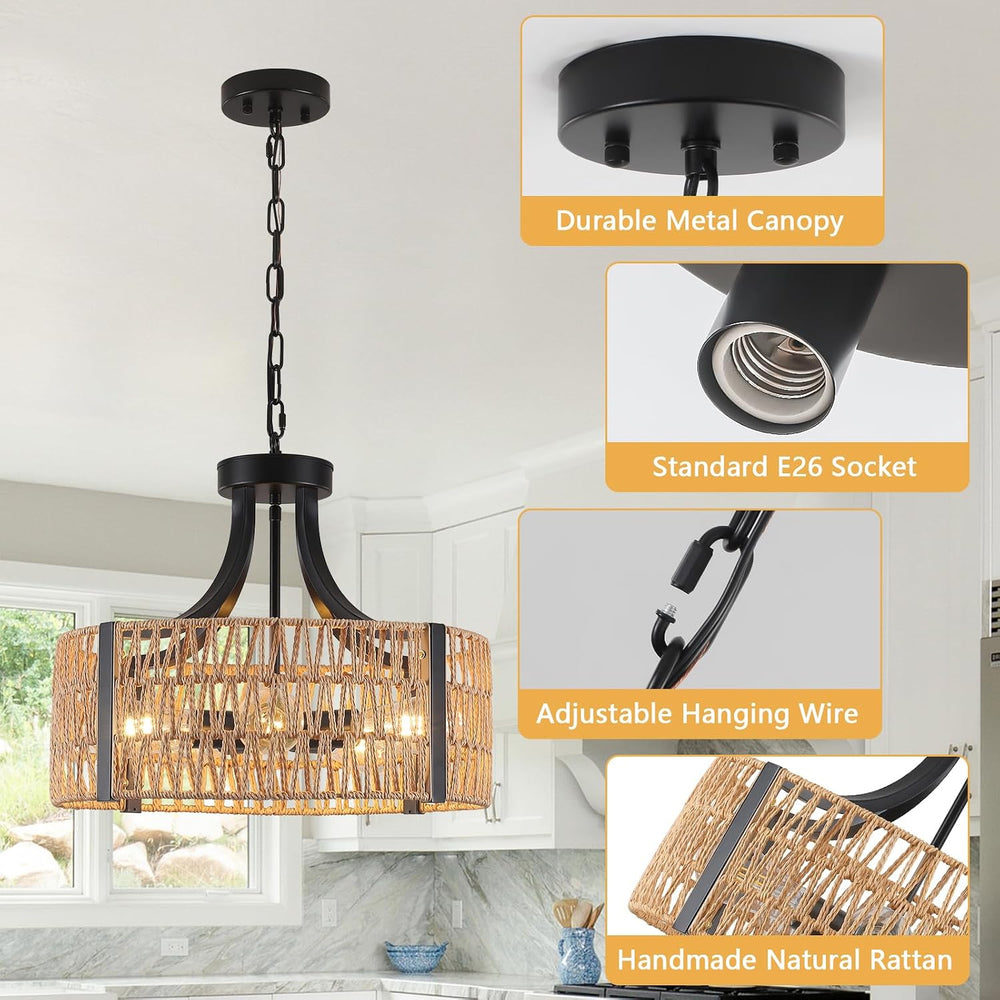 Farmhouse Chandeliers for Dining Room, 5-Light 17.7”Rattan Light Fixture with...