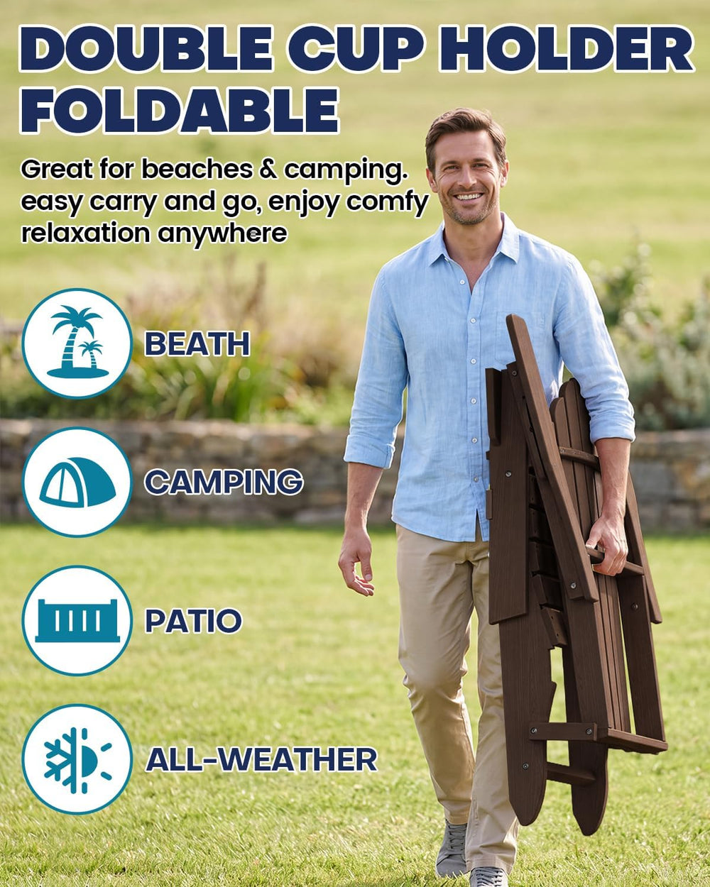 Plawdlik Oversized Folding Adirondack Chair, HDPE Outdoor Chair, Coffee