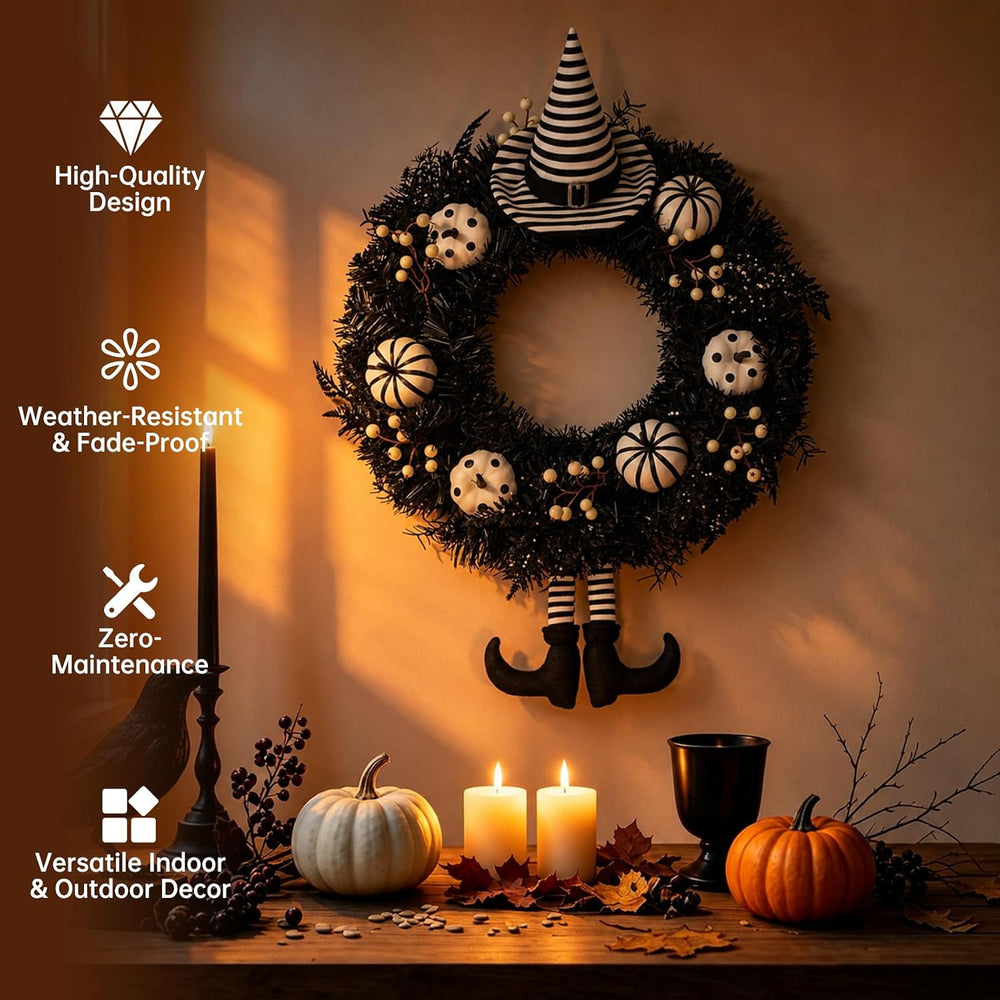 26" Halloween Wreath for Front Door with Hat, Legs, Pumpkins