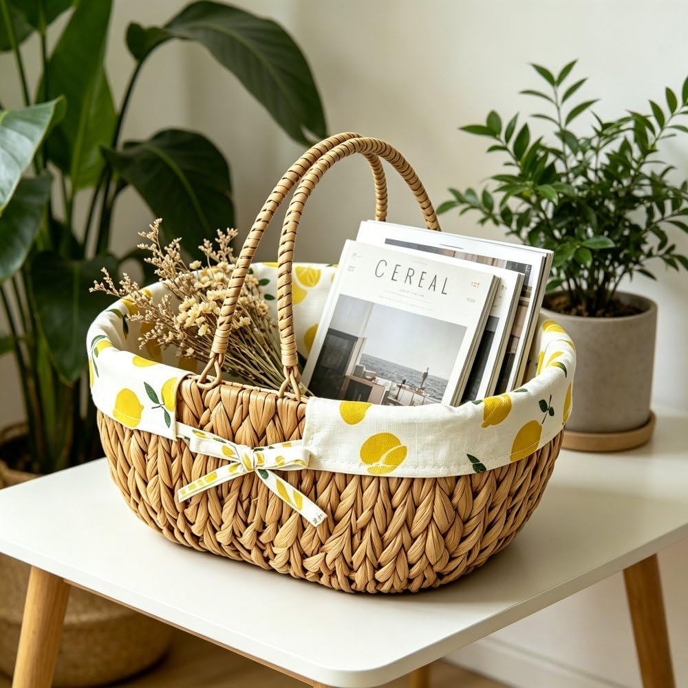 Medium Picnic Basket, Woven Water Hyacinth with Handles for Camping