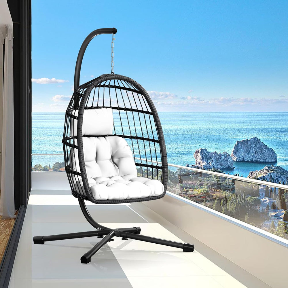 CHABATREE Egg Chair with Stand,Patio Rattan Wicker Hanging Swing Egg Chair Ha...