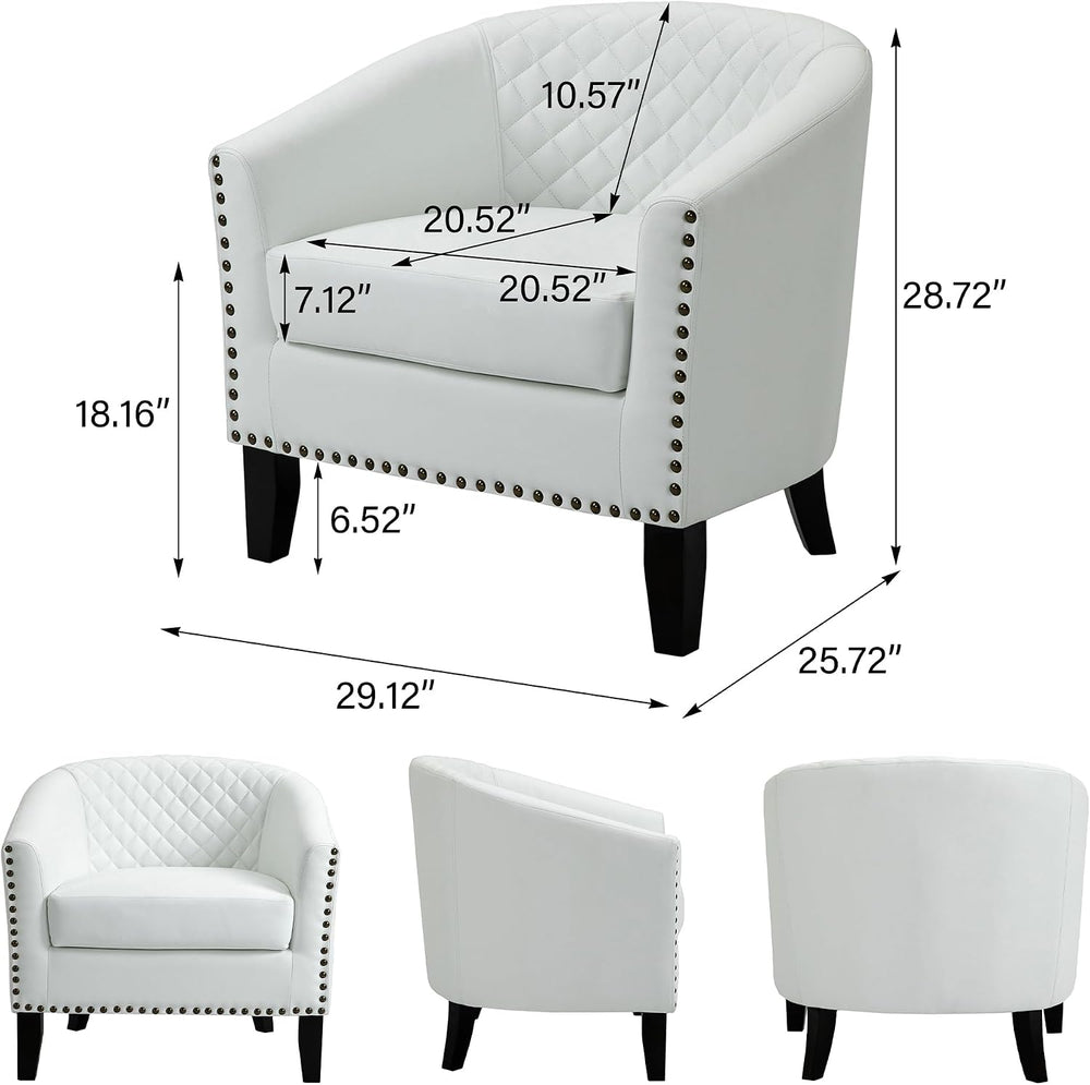 Faux Leather Barrel Accent Chair with Nailhead, White, Set of 2