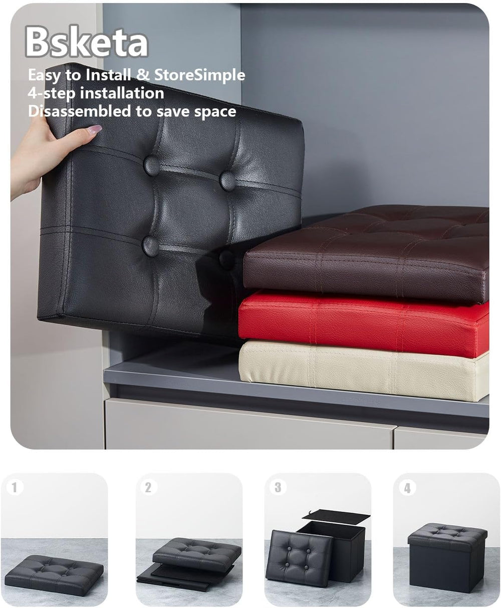 Bsketa Storage Ottoman Bench, 17" Folding Leather Foot Rest,Black 2 Pack