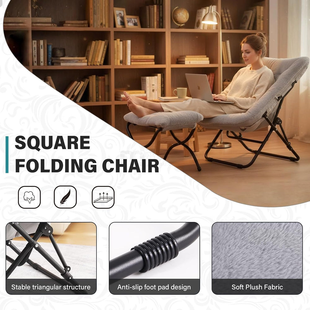 Tiita Folding Saucer Chair with Ottoman for Adults, Comfy Moon Chair, Grey