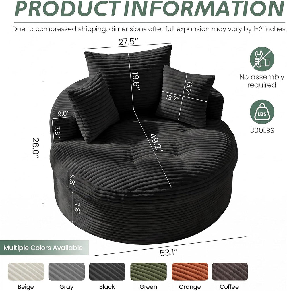 Oversized Round Chaise Lounge Chair, Deep Seat Cloud Boneless Floor Sofa Couc...