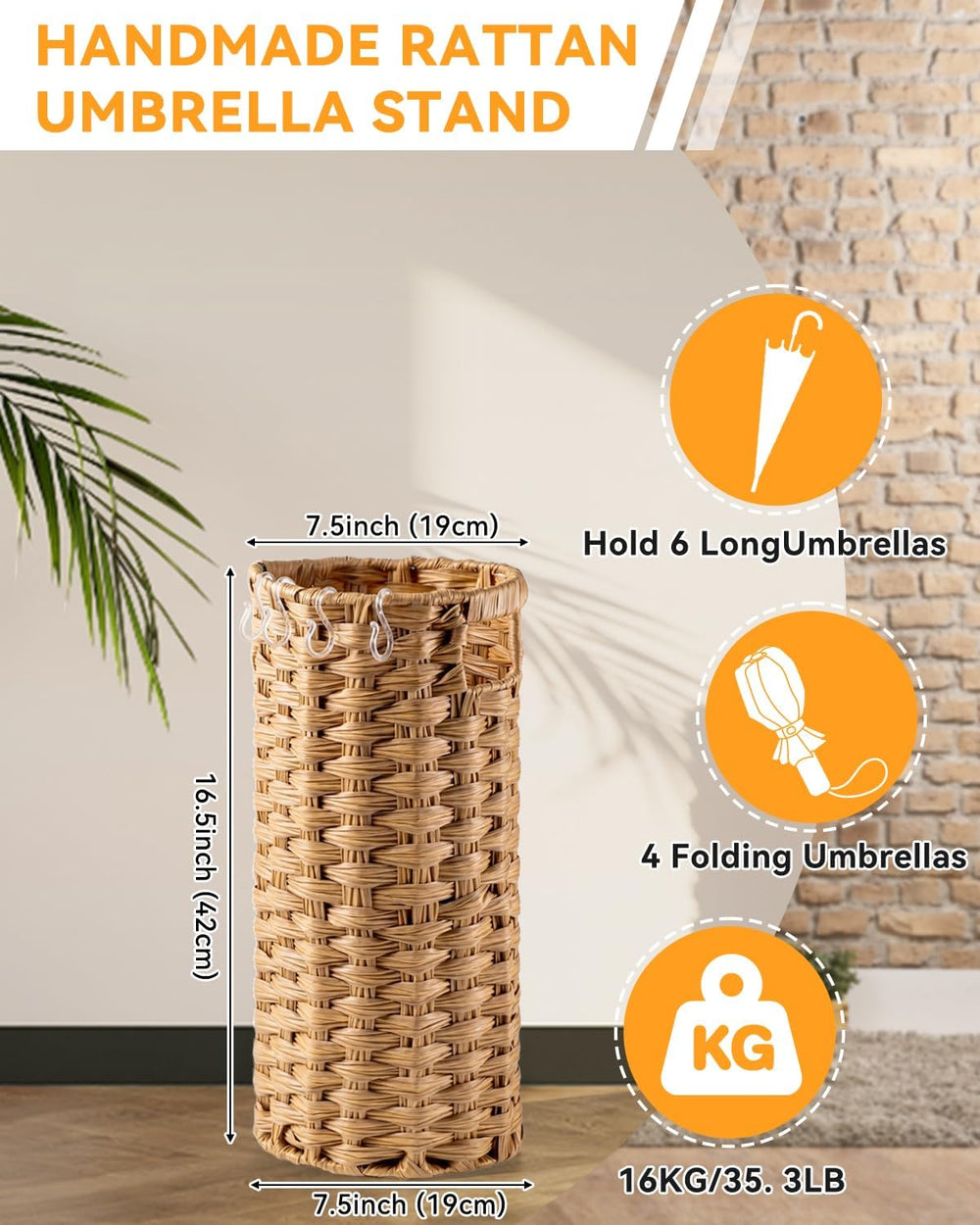 Rattan Umbrella Stand for Entryway,Hand-Woven Umbrella Holder Indoor with Doo...