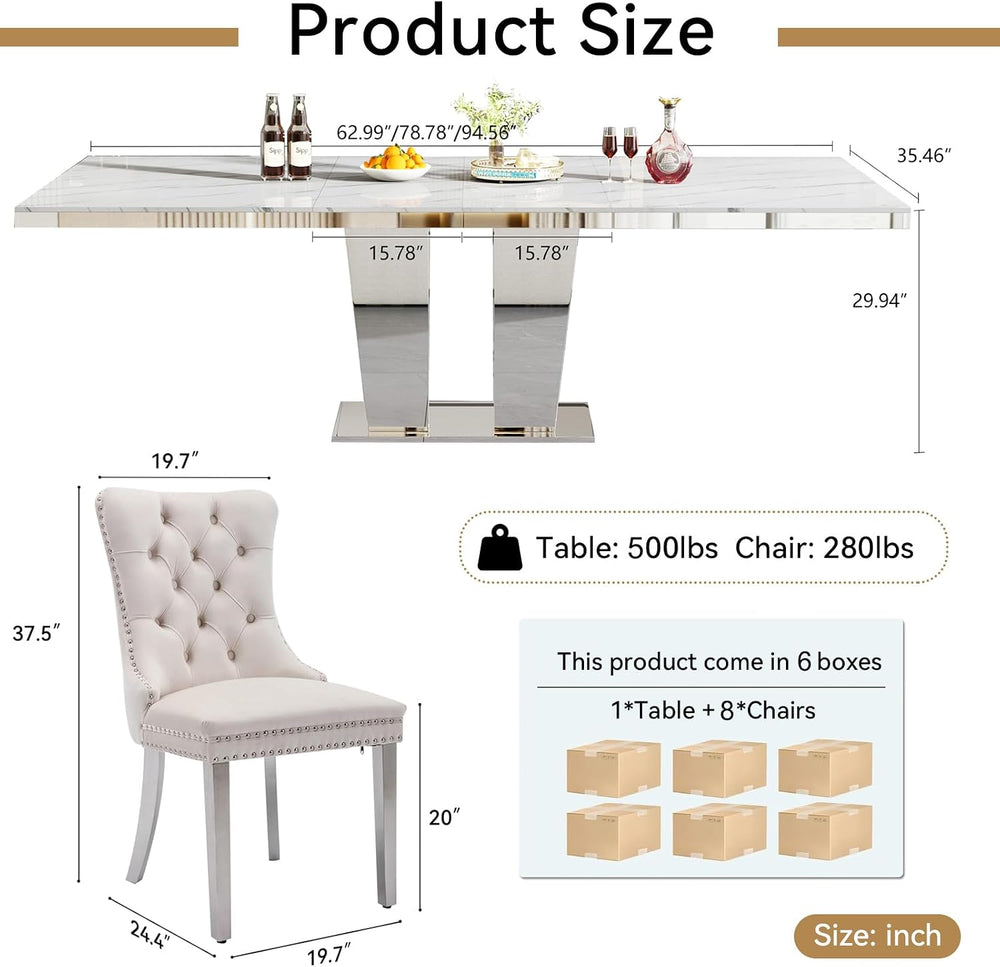 Modern Extendable Dining Table Set for 8, 94" Faux Marble Expandable Tab...