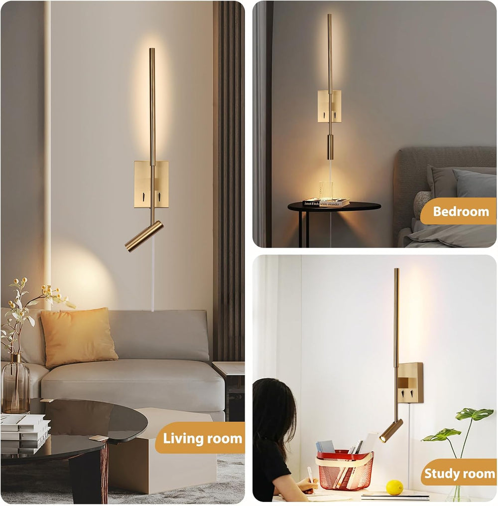Modern Plug in Wall Sconce Indoor Ambient Lighting for Bedroom, Gold LED Wall...
