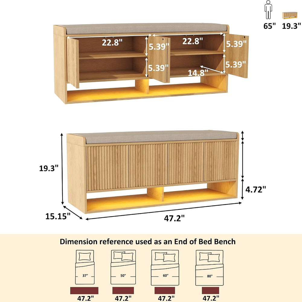 HOMEFORT 47.2" Fluted Shoe Storage Bench, Entryway Bench with Linen Seat...