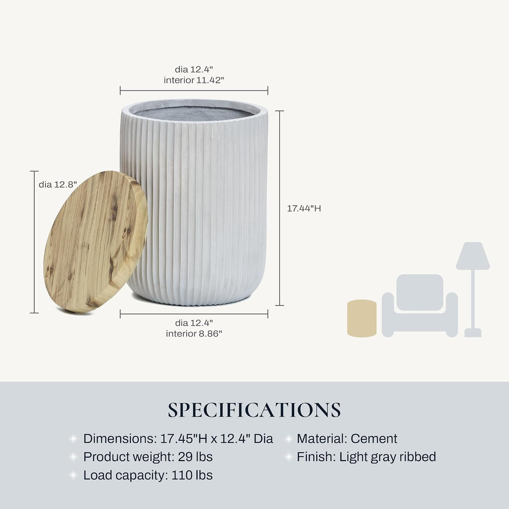 LuxenHome 18" Cement Outdoor Side Table with Storage and Wood-Look Lid