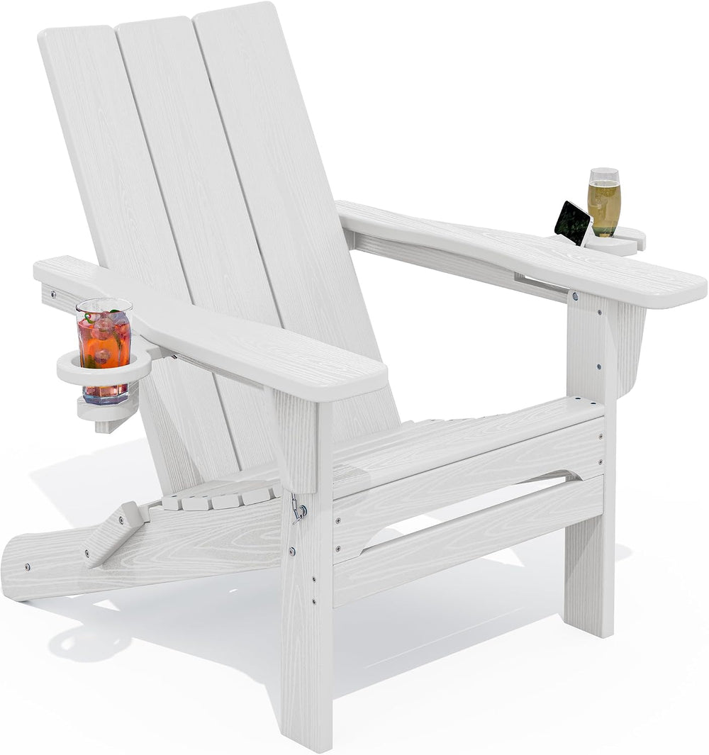 SERWALL HDPE Modern Folding Adirondack Chair with Dual Cup Holder, White