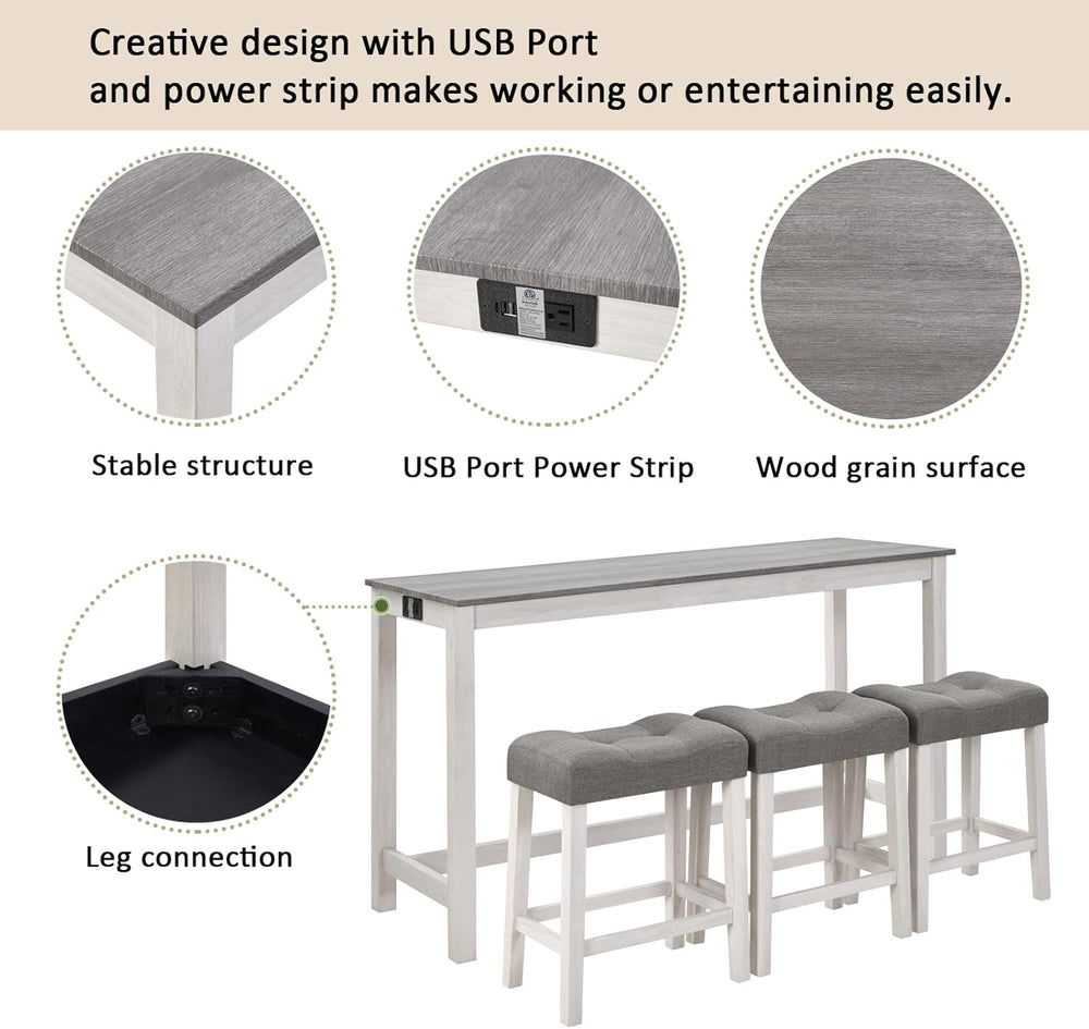 Merax 59 inch Bar Table Set with Power Outlet USB/Type-C, Behind Couch Table ...