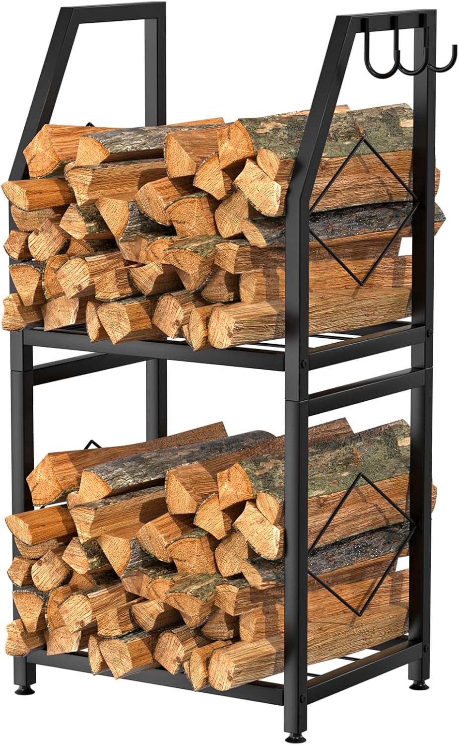 VyGrow Firewood Rack for Indoor, 2-Tier Firewood Holder with 3 Hanging Hooks,...