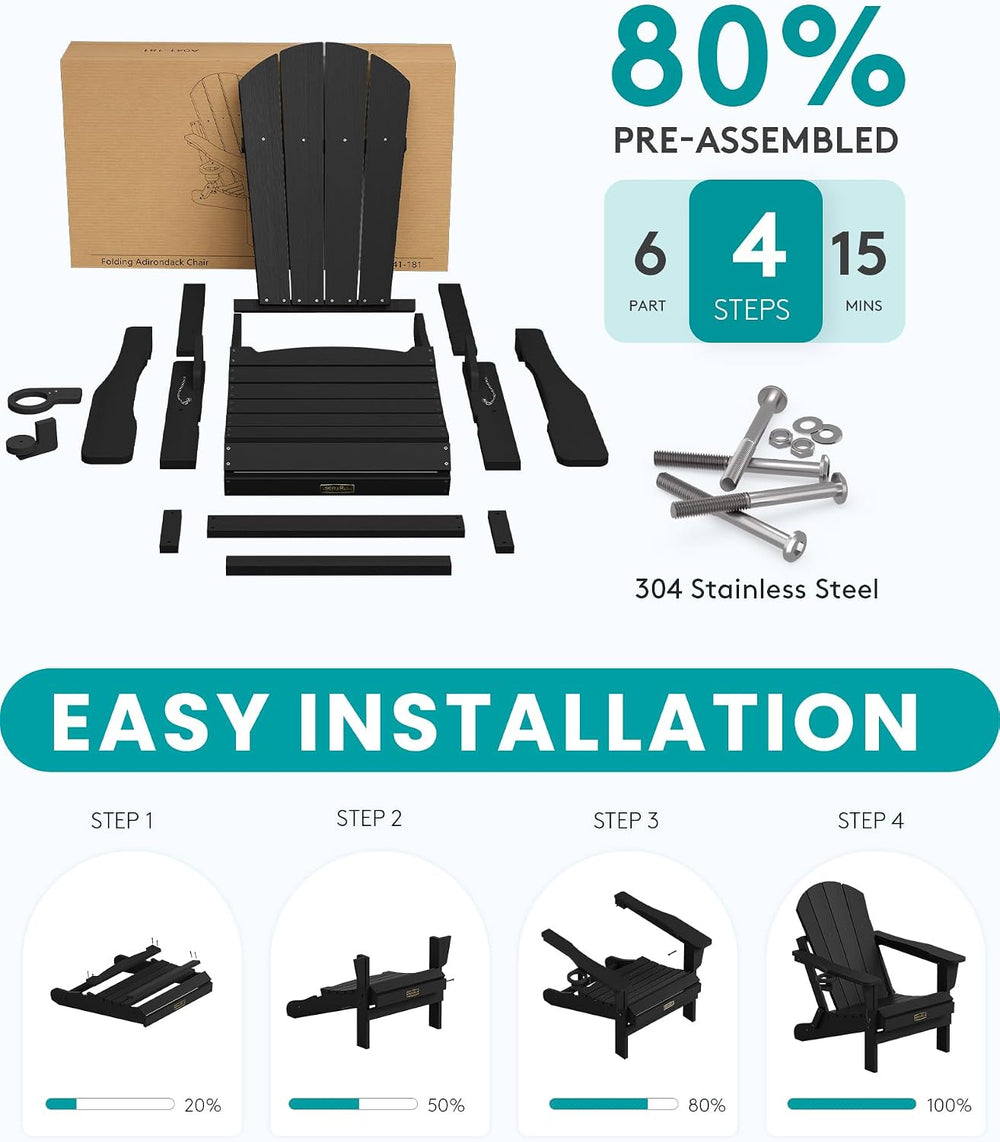 SERWALL Folding Adirondack Chair Set of 4, Fire Pit with Cup Holder -Black