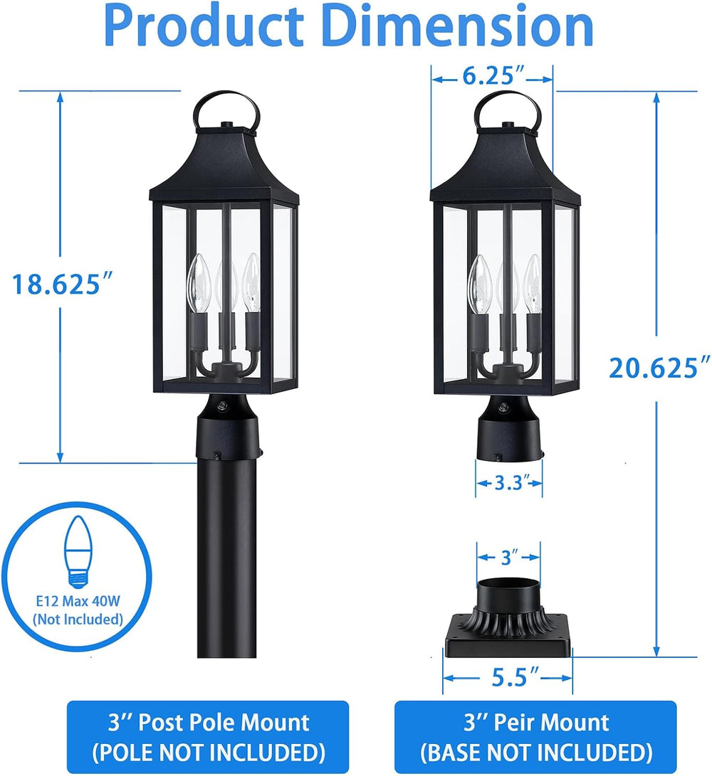 18.62'' Dusk to Dawn Post Light Outdoor, Large 3-Light Lamp Post Light