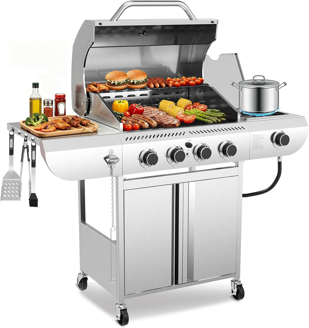 Kismile 4-Burner Propane Gas Grill with Side Burner, Stainless Steel 42,000 B...
