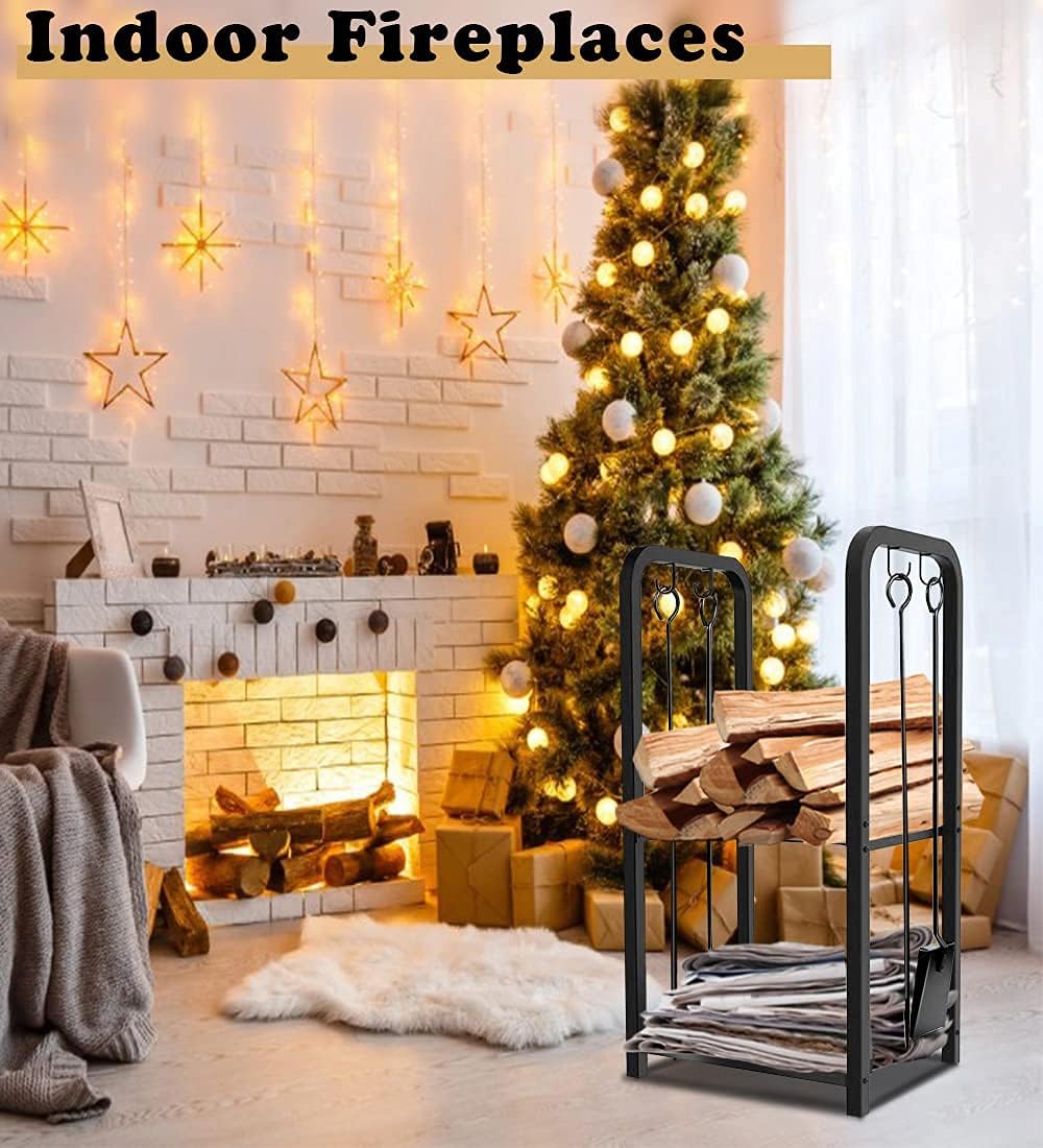 2-Tier Fireplace Firewood Rack Holder for Indoor Outdoor, Small Fire Wood Hol...