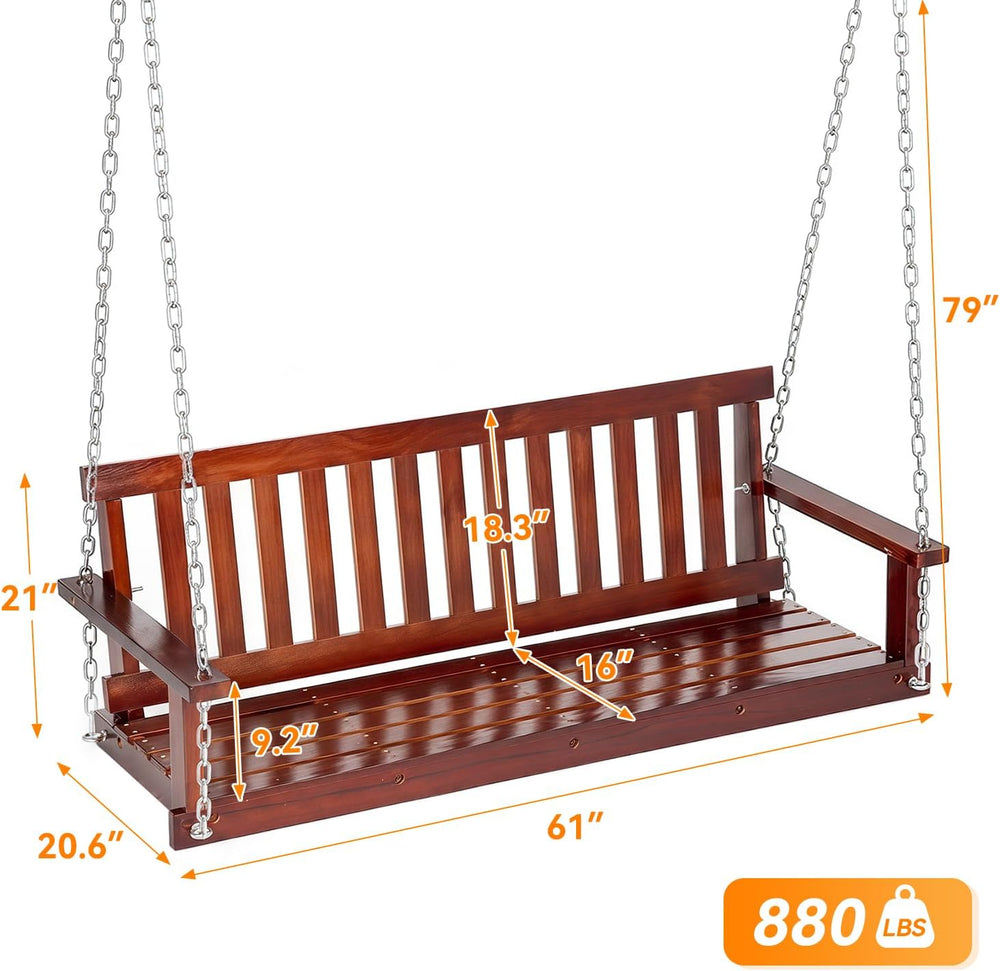 FDW 880 LBS Outdoor Wooden Porch Swing Wooden 3-Seater, 5FT with Ergonomic De...
